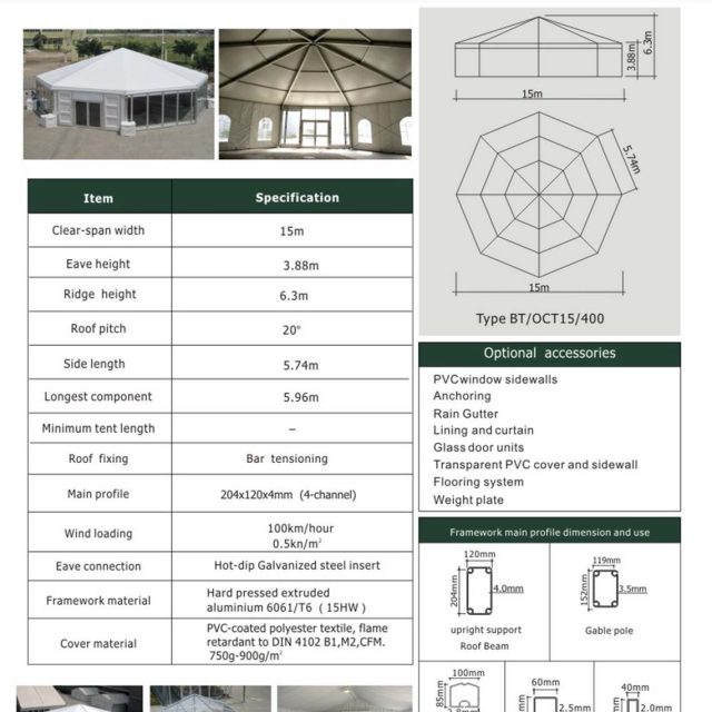 Carpa octogonal de 15 m de luz