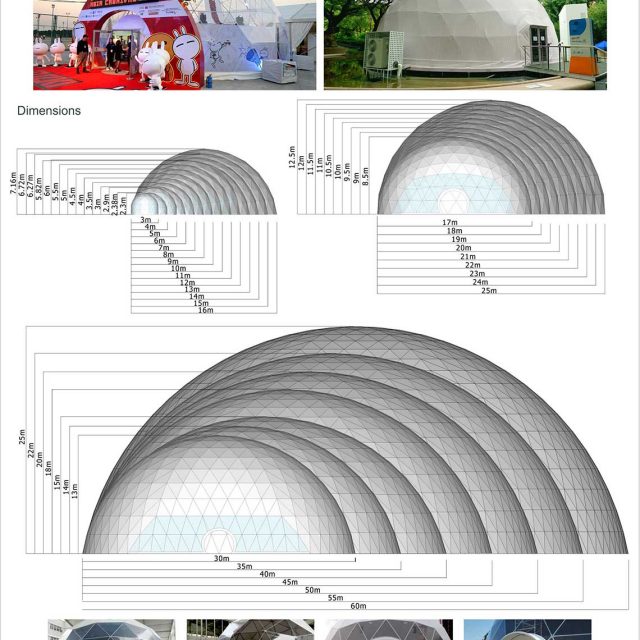 Carpa de tela con forma de cúpula de 3 m por 60 m de luz
