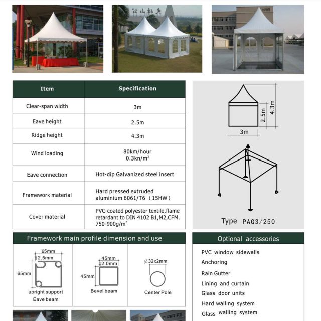 Carpa tipo pagoda de 3 m de luz 