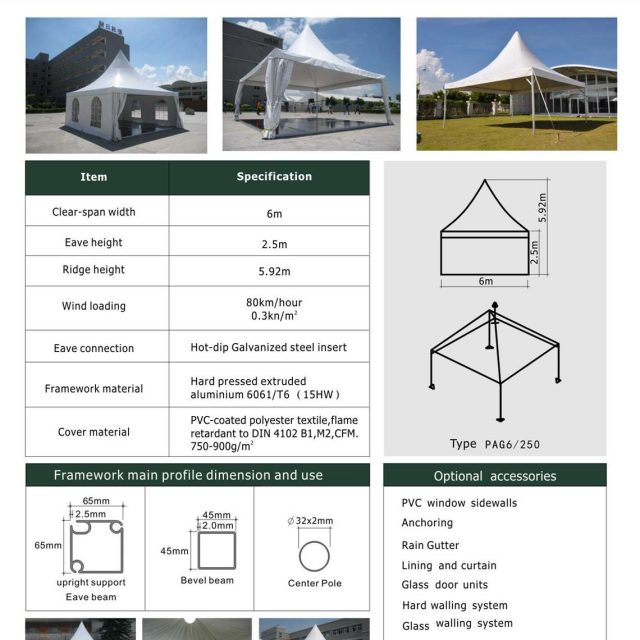 Carpa tipo pagoda de 6 m de luz 