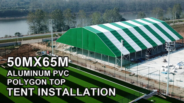 Vídeo de instalación de una carpa con techo poligonal de aluminio y PVC de 50 m x 65 m