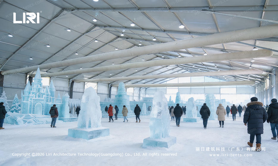 Clear-span tent interior arranged for an ice sculpture display