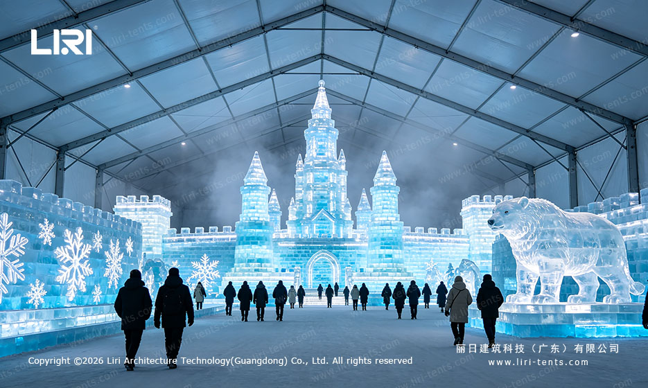 Ice castle exhibition displayed inside a modular tent