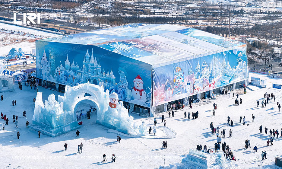 Large decorated ice festival tent viewed from the air