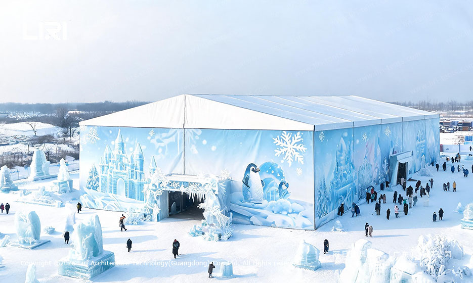 Wrapped ice sculpture exhibition tent with a themed entrance