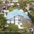 Aerial view of a transparent-roof pastoral wedding marquee in a landscaped garden